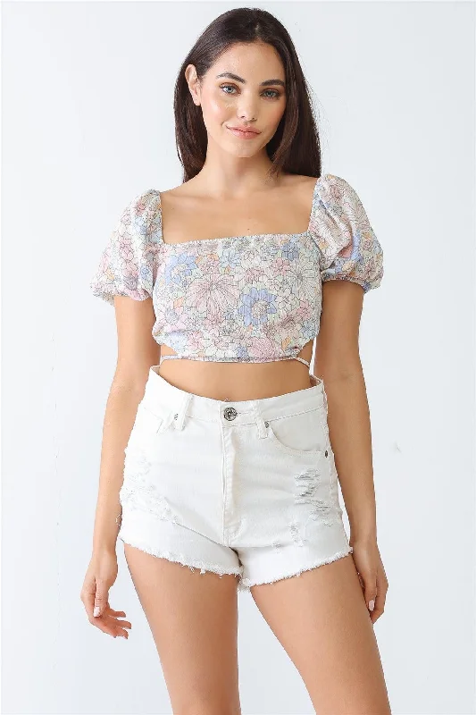 Blue & Pink Floral Print Textured Open Self-Tie Back Crop Top /3-2-1