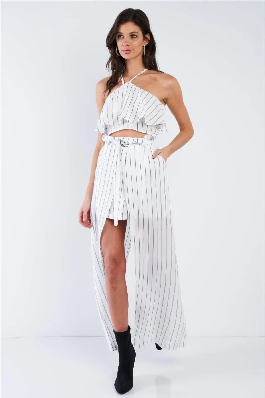 White & Grey Stripe Halter Crop Top and High Waist Frill Mock Maxi Skirt Skort Set    /1-3-2