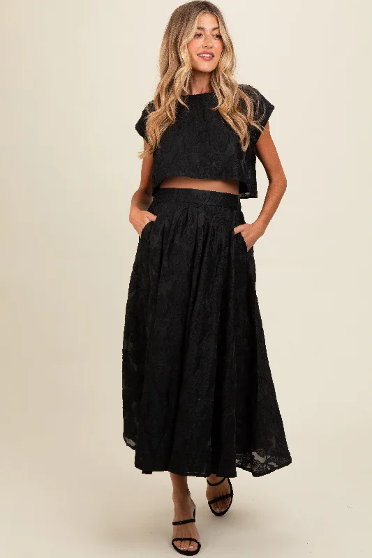 Black Floral Jacquard Crop Top and Skirt Maternity Set