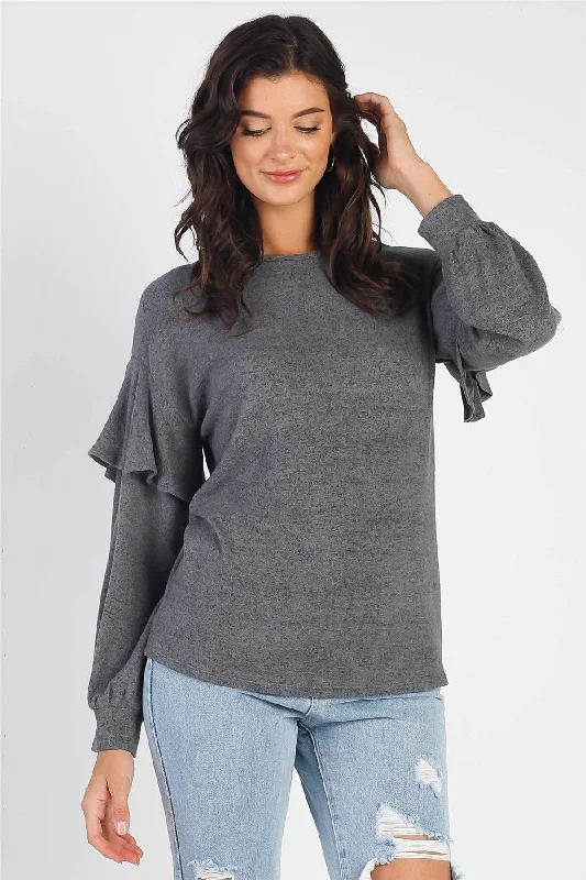 Charcoal Ruffle Shoulder Detail Long Sleeve Top