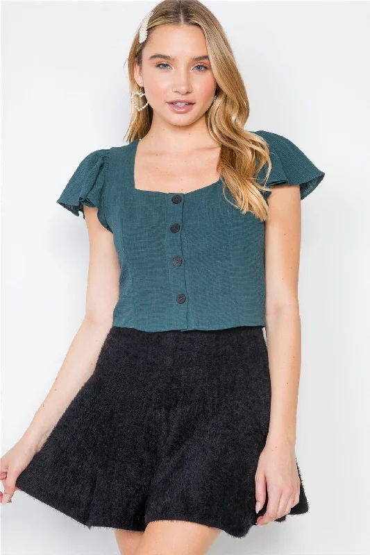 Teal Flounce Sleeves Button-Front Crop Top /2-2-2