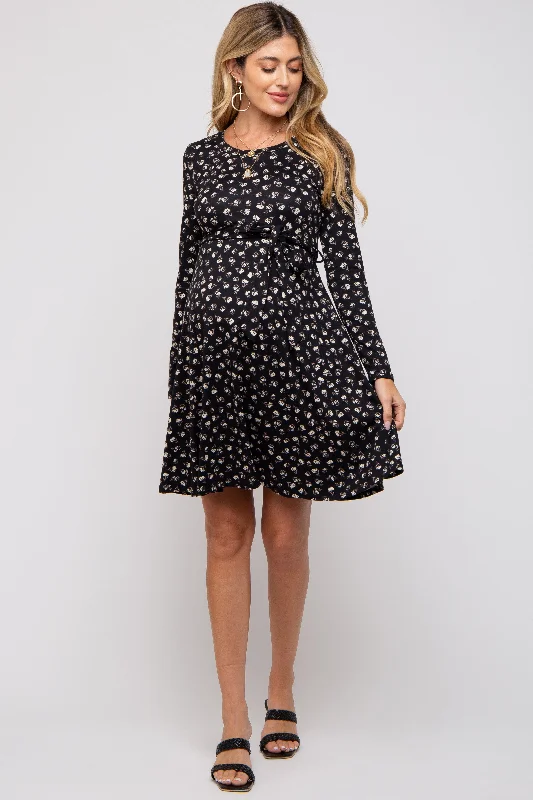 Black Floral Soft Knit Long Sleeve Maternity Dress