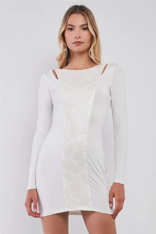 White Sequined Center Front Detail Long Sleeve Mini Dress /2-2-2