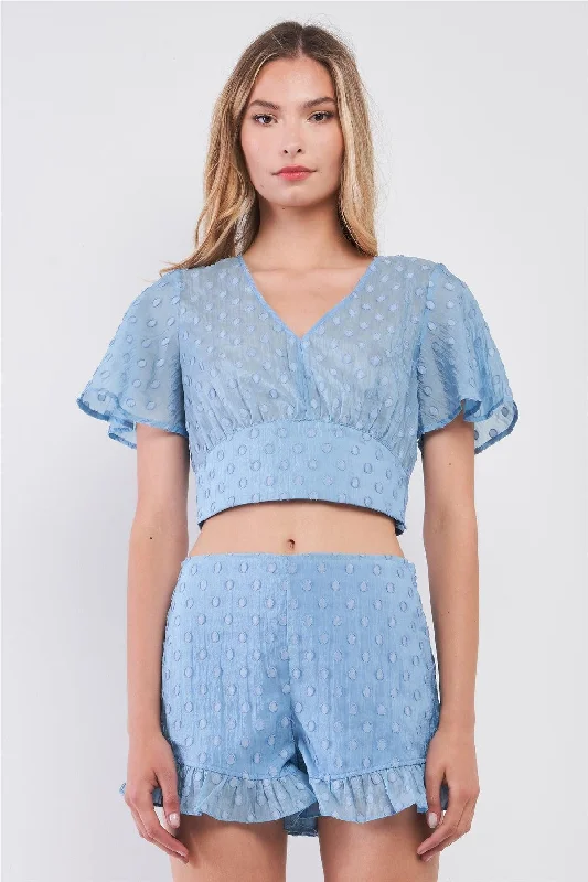 Sky Blue Polka Dot V Neck Short Angel Sleeve Cropped Length & High-Waisted Ruffle Hem Shorts Two Piece Set /1-2-2-1