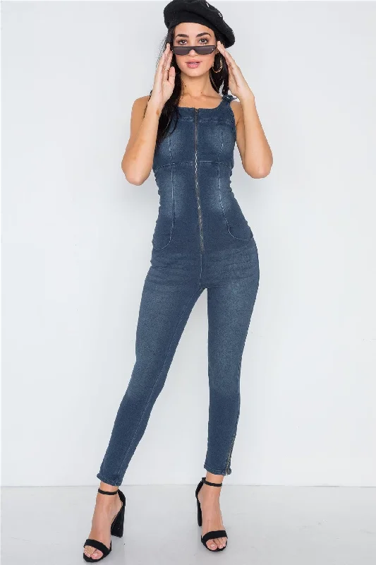 Dark Denim Stretch Zip Up Skinny Leg Jumpsuit /3-2-1