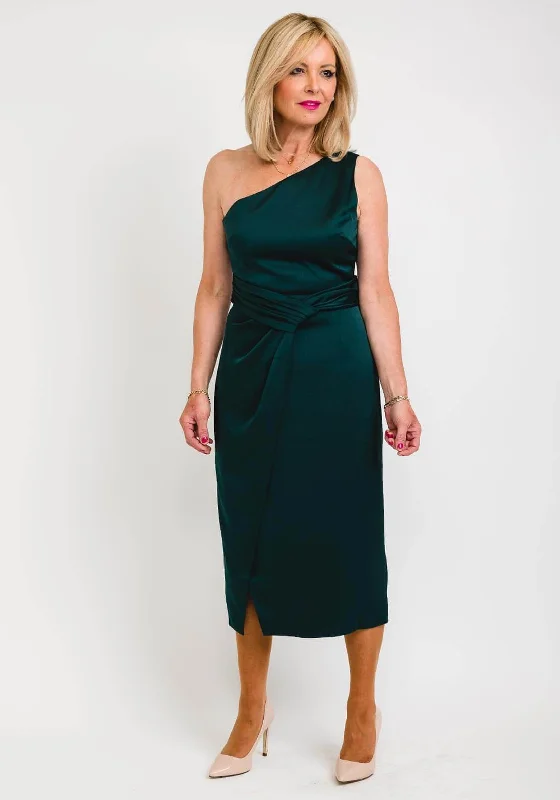 Ted Baker One Shoulder Folded Waist Detail Midi Dress, Dark Green