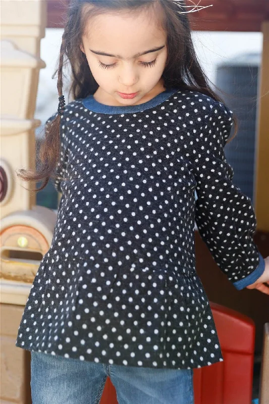 Little Girls Black Flannel Polka Dot Denim Trim Back Self-Tie Detail Top