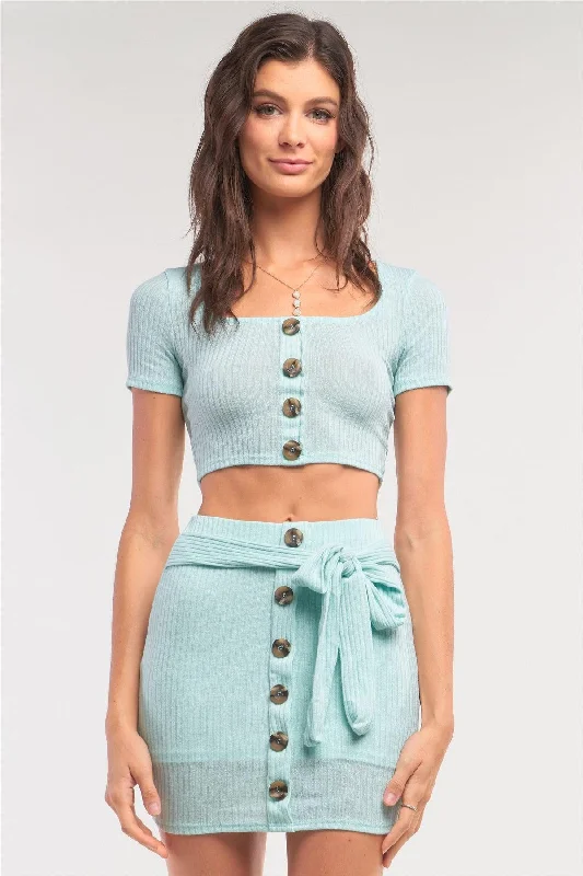 Mint Ribbed Scoop Neck Button Down Crop & Mock Wrap Mini Skirt Set /1-2-2-1