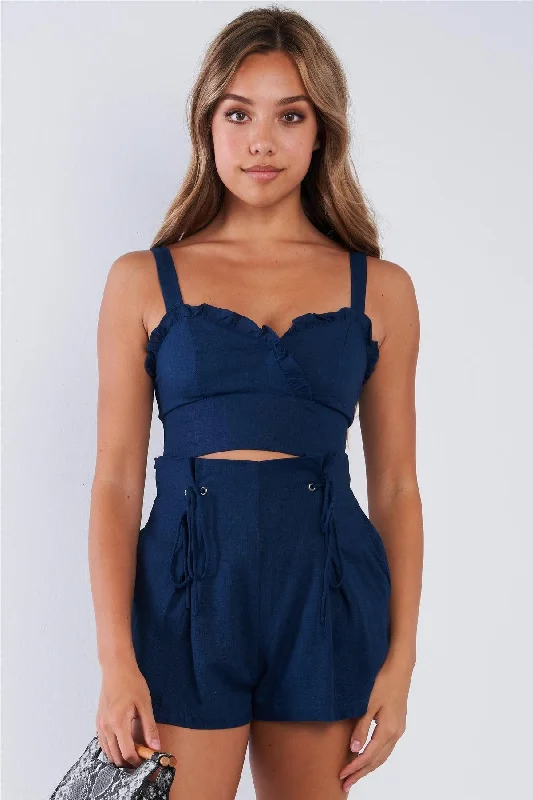 Indigo Linen Sweetheart Ruffled Neckline Crop Top High Waisted Cinched Shorts Two Piece Set /3-2-1