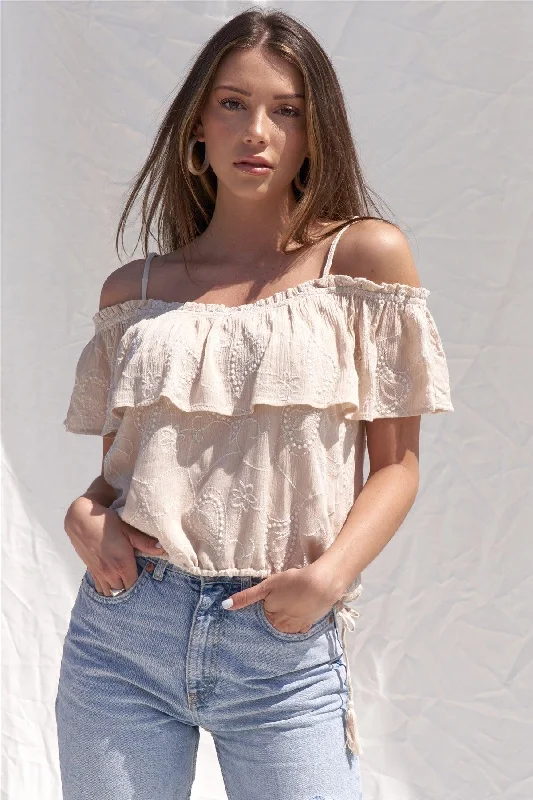 Tan Nude Embroidered Bohemian Relaxed Fit Ruffle Hem Off-The-Shoulder Cropped Top /1-2-2-1