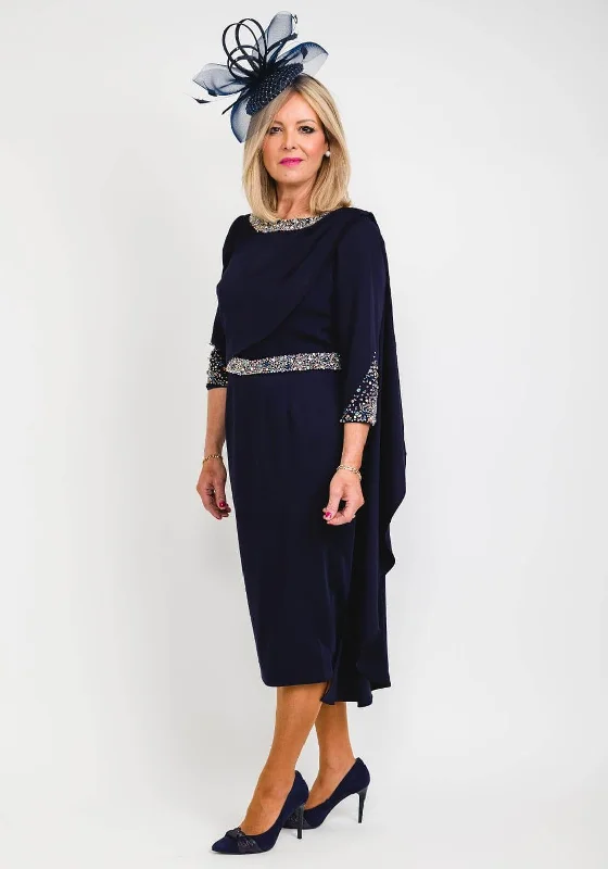 Veni Infantino for Ronald Joyce Embellished Cape Dress, Navy