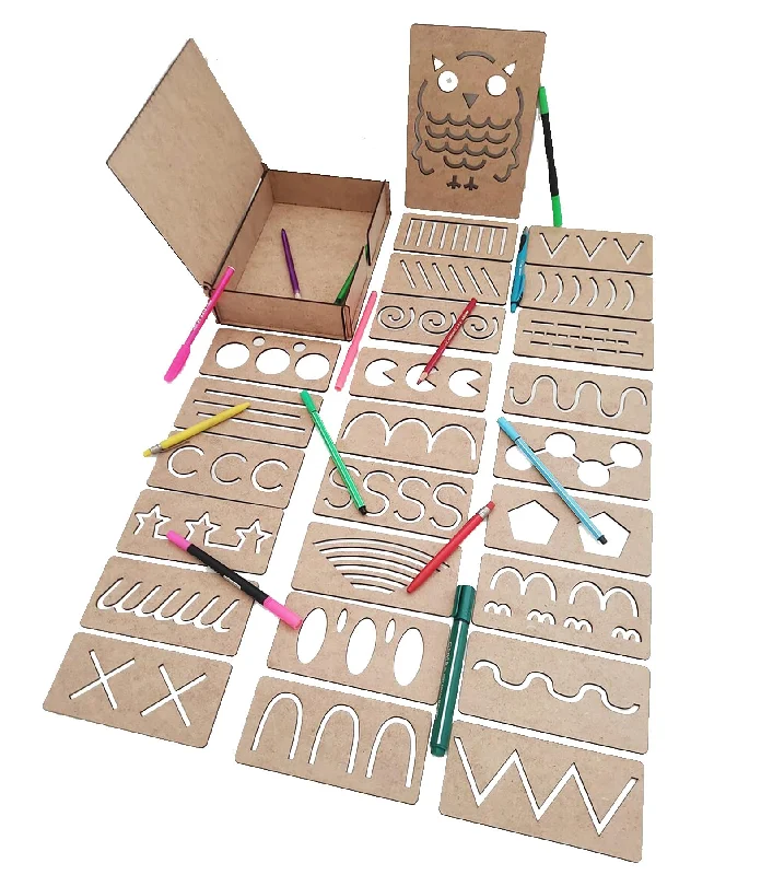 Cliths 25-Piece Wood Handwriting Stencil Set Toy - Perfect for Kids & Preschoolers, Montessori Geomatric Patern Stencils