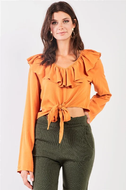 Papaya Victorian Collar Wide Sleeve Crop Top /2-2-2