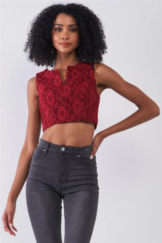 Burgundy Sleeveless Slit Neckline Cropped Length Lace Top /1-1-2-1