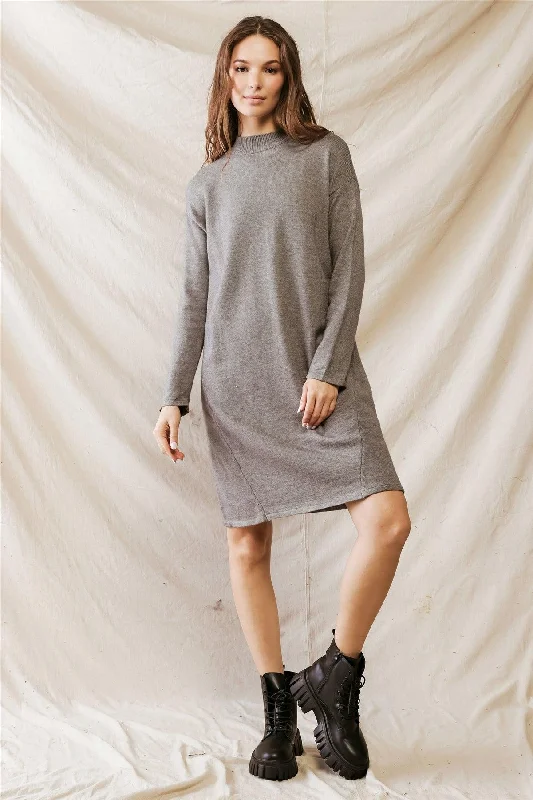 Heather Grey Viscose Blend Knit Long Sleeve Midi Dress /1-2