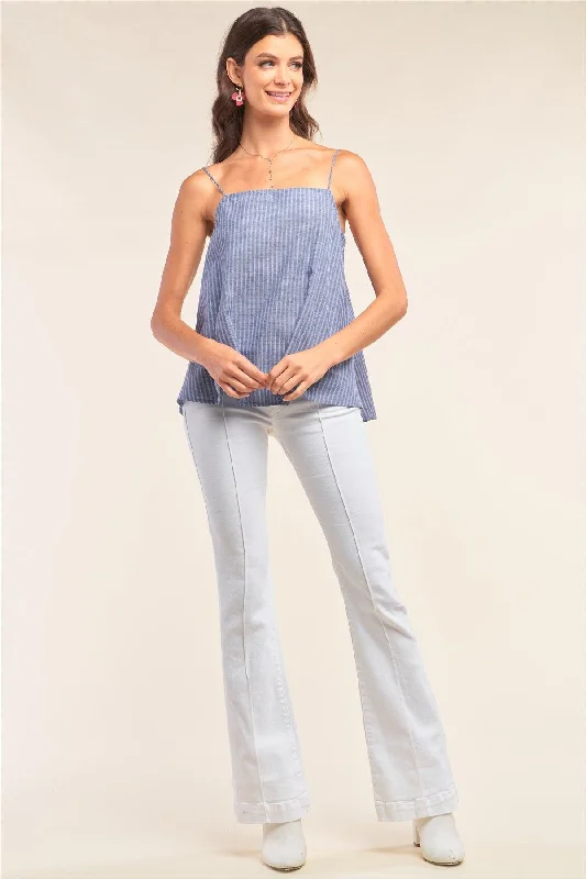 Denim Striped Sleeveless Self-Tie Back Keyhole Top /1-2-3-1