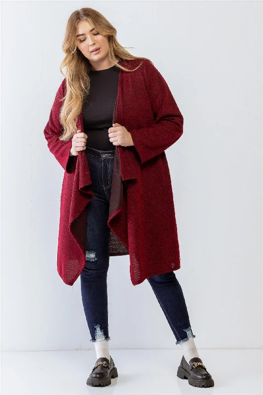 Plus Size Wine Asymmetrical Long Sleeve Relax Cardigan