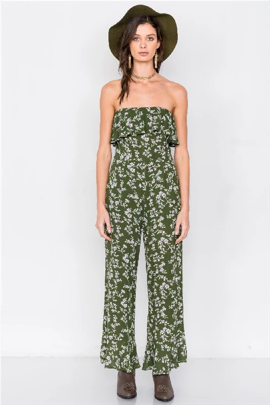 Moss Boho Floral Print Tube Top Flounce Trim Wide Leg Jumpsuit /3-2-1