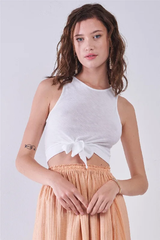 White Sleeveless Crew Neck Self-Tie Front Detail Crop Top /1-2-2-1