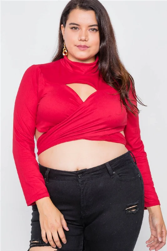 Junior Plus Size Red Suede Wrap Turtleneck Crop-Top /2-2-2