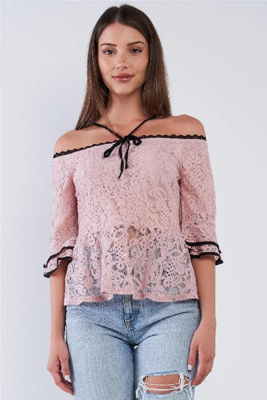 Dusty Pink Off The Shoulder Cropped Lace Midi Sleeve Peplum Top /1-2-2-1