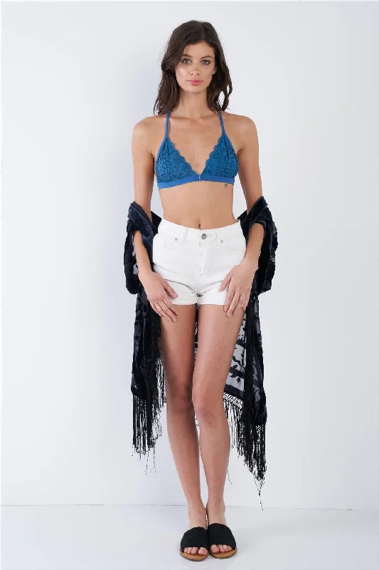 Denim Blue Cut Out Lace Up Raserback Floral Lace Bralette   /4-2-1