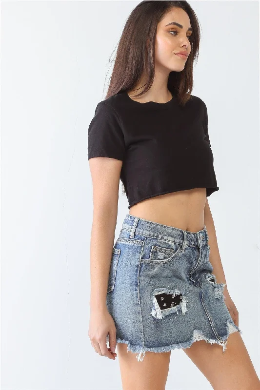 Distressed Trim High Waist Mini Denim Skirt