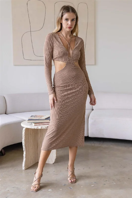 Mocha Texture Criss Cross Cut Out Long Sleeve Dress /3-2-1