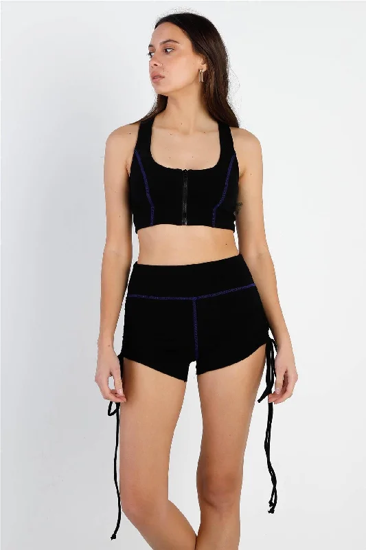 Black Contrast Stitch Zip-Up Racer Back Crop Top & Ruched Details Short Set /3-2-1