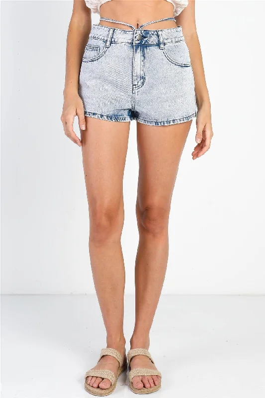 Denim Acid Wash Wrap Around Tie Detail High Rise Shorts /3-2-1