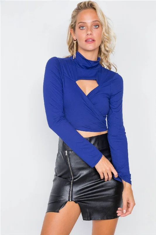 Royal Blue Suede Wrap Turtleneck Crop-Top /2-2-2