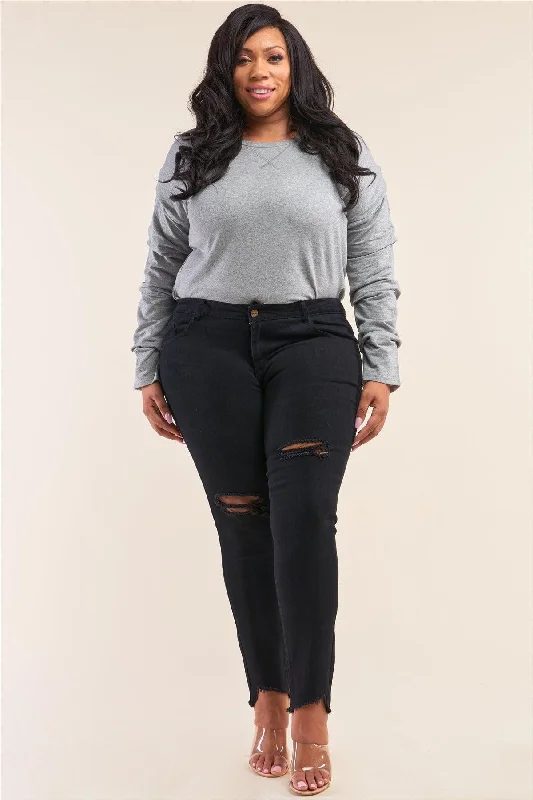 Plus Size Solid Black Low-Mid Rise Tight Fit Ripped Denim Jeans /1-2-3-3-2-1