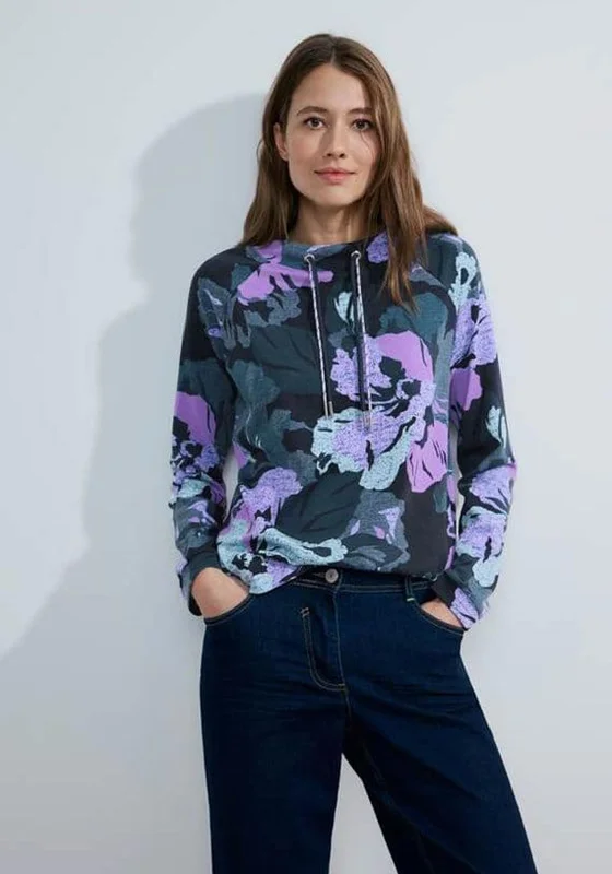 Cecil Big Flower Funnelneck Sweatshirt, Blue Multi