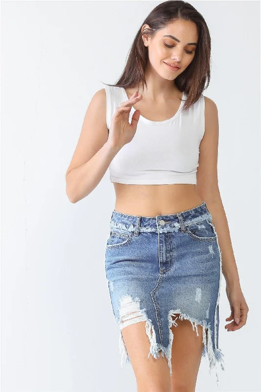 Denim Cotton Trim Torn Hem High Waist Mini Skirt