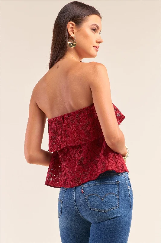 Wine Floral Lace Strapless Front Ruffle Crop Top /1-2-2-1