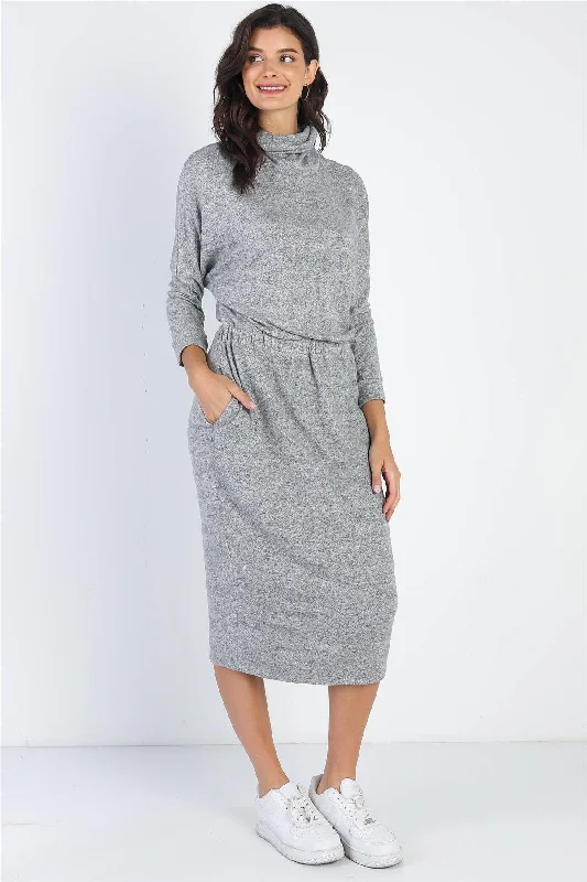 Heather Grey Turtle Neck Long Sleeve Midi Dress