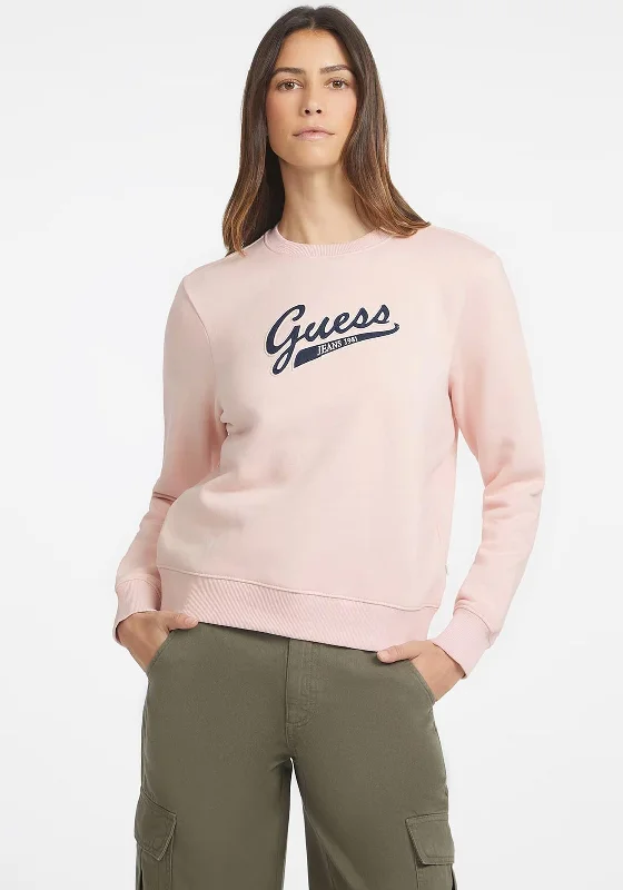 Guess Womens Script Logo Sweatshirt, Pale Pink