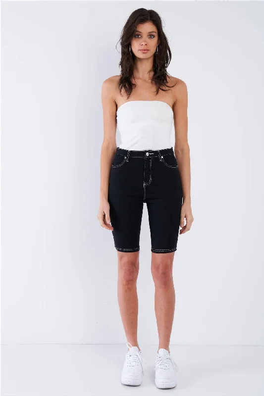 Black & White Contrast Stitch Jean Bermuda Denim Shorts  /3-2-1