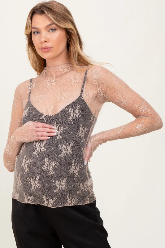 Beige Mesh Lace High Neck Long Sleeve Maternity Top