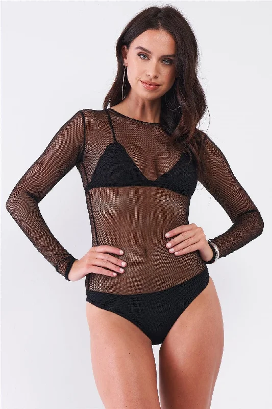 Black Sexy Fine Fishnet Sheer Mesh Crew Neck Long Sleeve Bodysuit