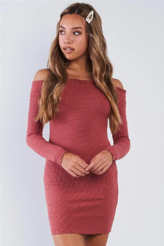 Ribbed Long Sleeve Mini Length Off The Shoulder Dress