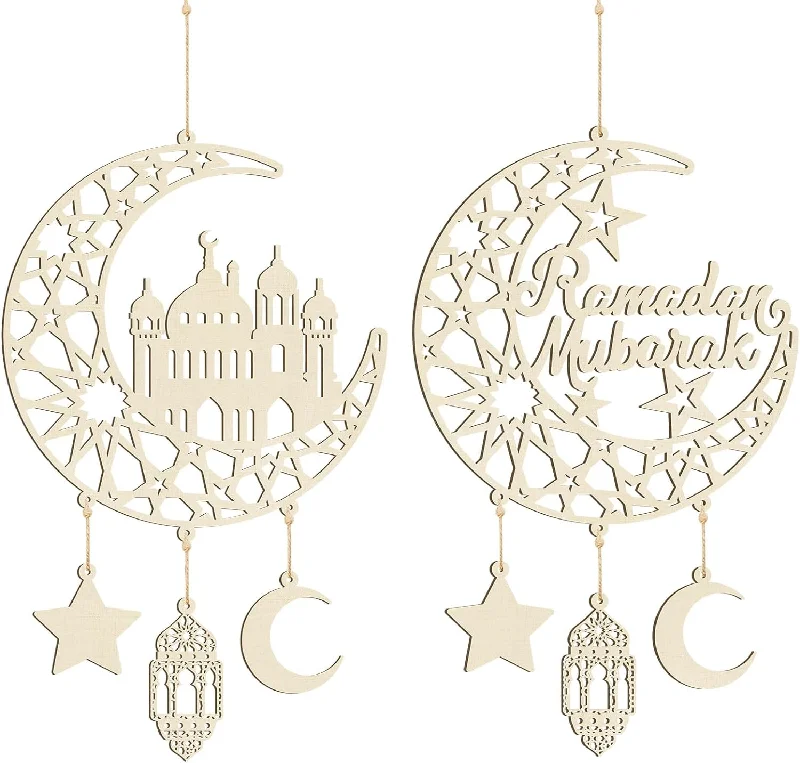 Cliths 2 Pcs Ramadan Mubarak Door Sign Set Wooden Hanging Moon & Stars Ornaments, Ramadan Kareem Decor Muslim Home Decor (14.1x9 inch)