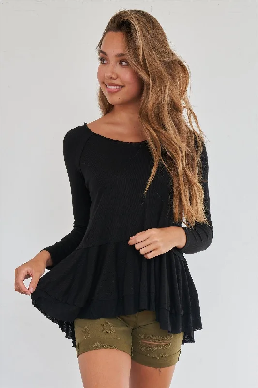 Black Long Sleeve Relaxed Fit Babydoll Knit Top