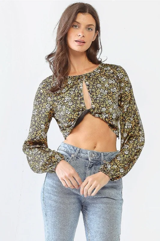 Floral Print Twist Cut-Out Long Sleeve Crop Top /1-2-2-1