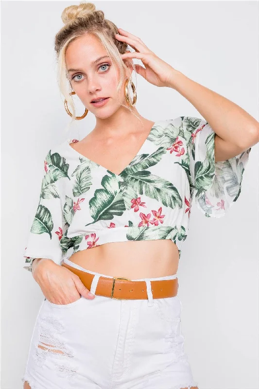 Ivory Green Tropical Back Keyhole Wrap Crop Top /3-2-1