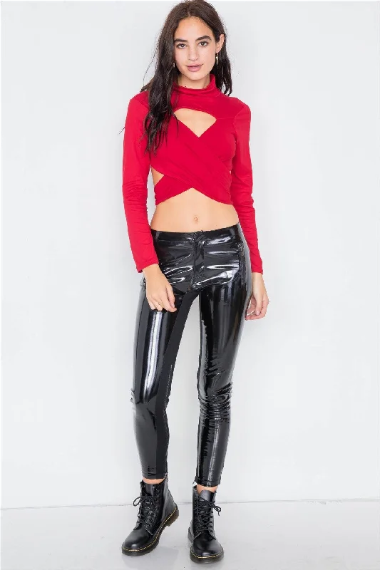 Red Suede Wrap Turtleneck Crop-Top  /2-2-3