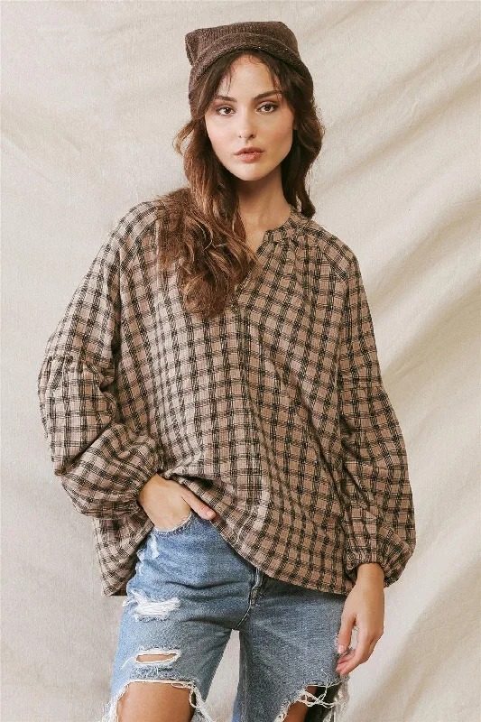 Sand Back Plaid Cotton Material V-Neck Long Sleeve Relax Top /2-2-2