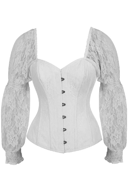 Top Drawer White w/White Lace Steel Boned Long Sleeve Corset