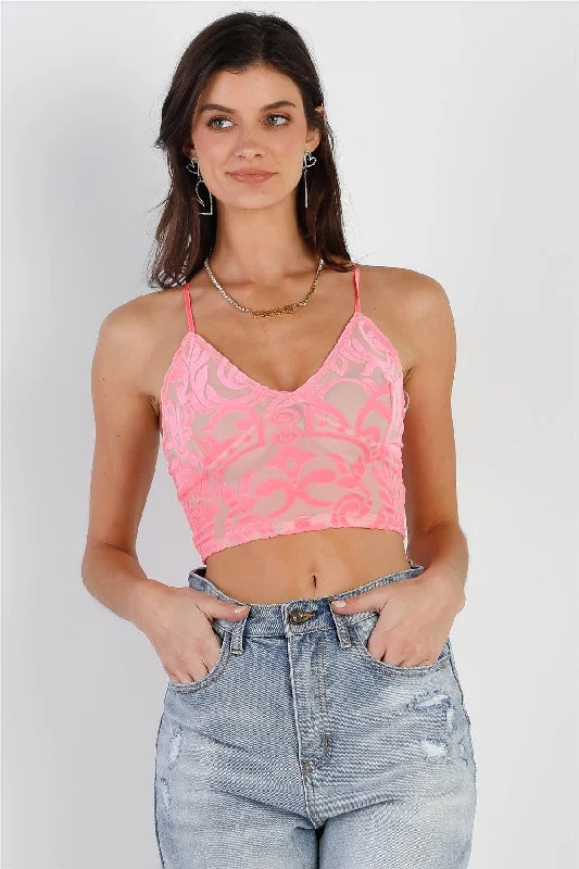 Neon Pink Mesh Velvet Print Criss-Cross Back Sleeveless Crop Top /3-2-1