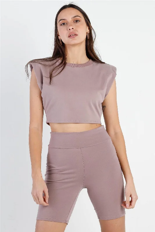 Dark Mauve Padded Shoulder Crop Top & Biker Short Set /2-2-2